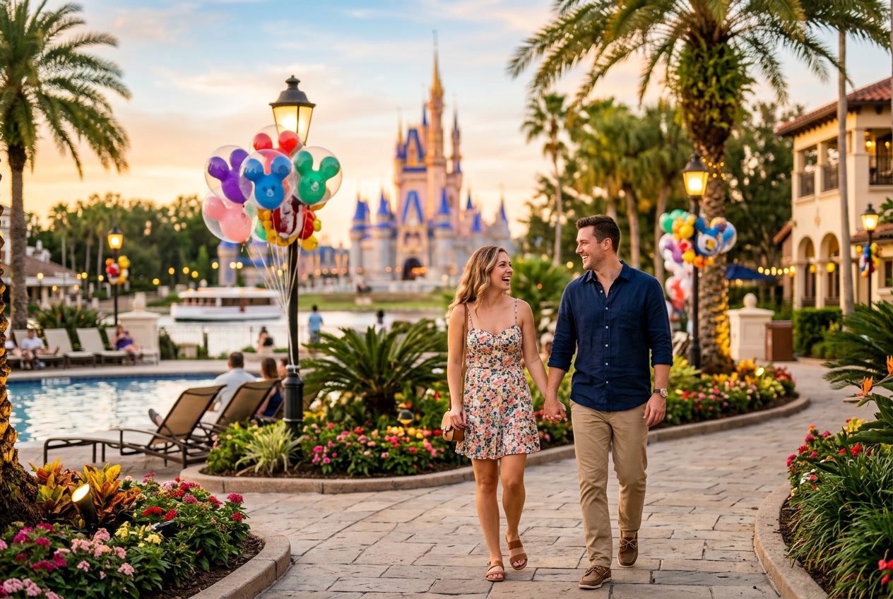 A couple walking hand-in-hand along a flower-lined path near a Disney castle at sunset in Orlando, Florida.