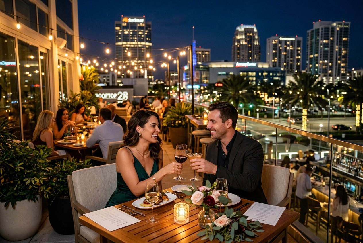 A couple enjoying an intimate dinner at an outdoor restaurant at night with city lights and palm trees in the background.