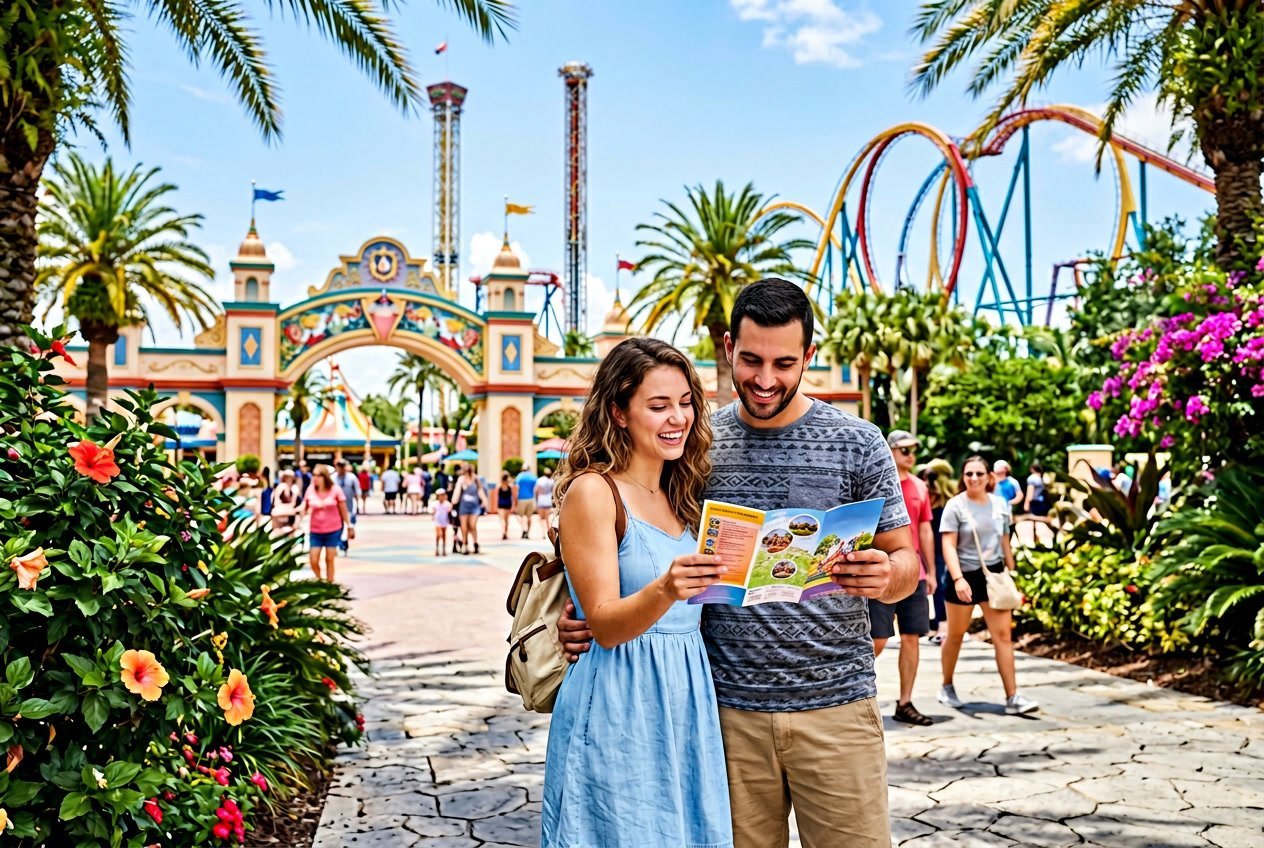 A smiling couple holding a map outdoors near palm trees and colorful attractions in Orlando, Florida.