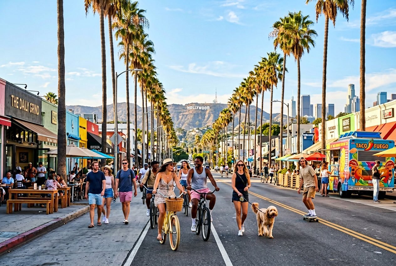 Sunny street in Los Angeles with palm trees, people enjoying outdoor activities, and a city skyline in the background.