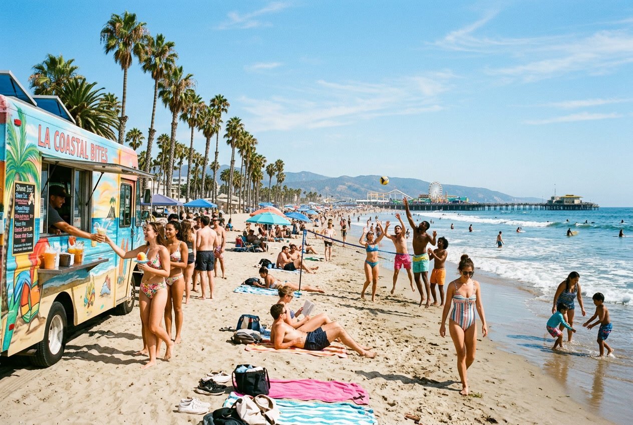 People enjoying a sunny day at a Los Angeles beach with palm trees, ocean waves, and summer activities like volleyball and sunbathing.
