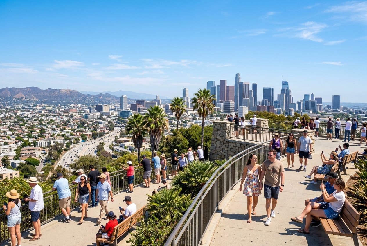 Sunny outdoor spot overlooking the Los Angeles city skyline with people enjoying the warm weather.