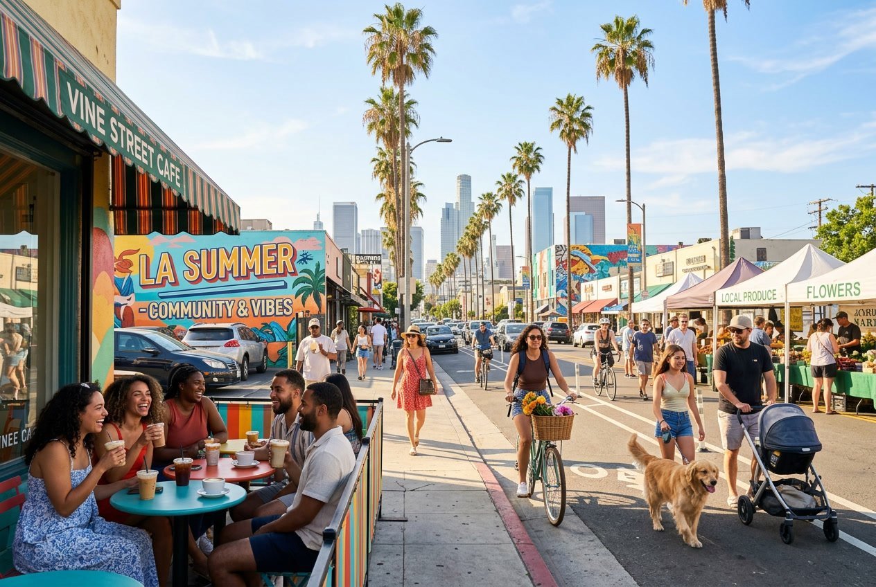 People enjoying outdoor activities in a sunny Los Angeles neighborhood with palm trees and city buildings in the background.