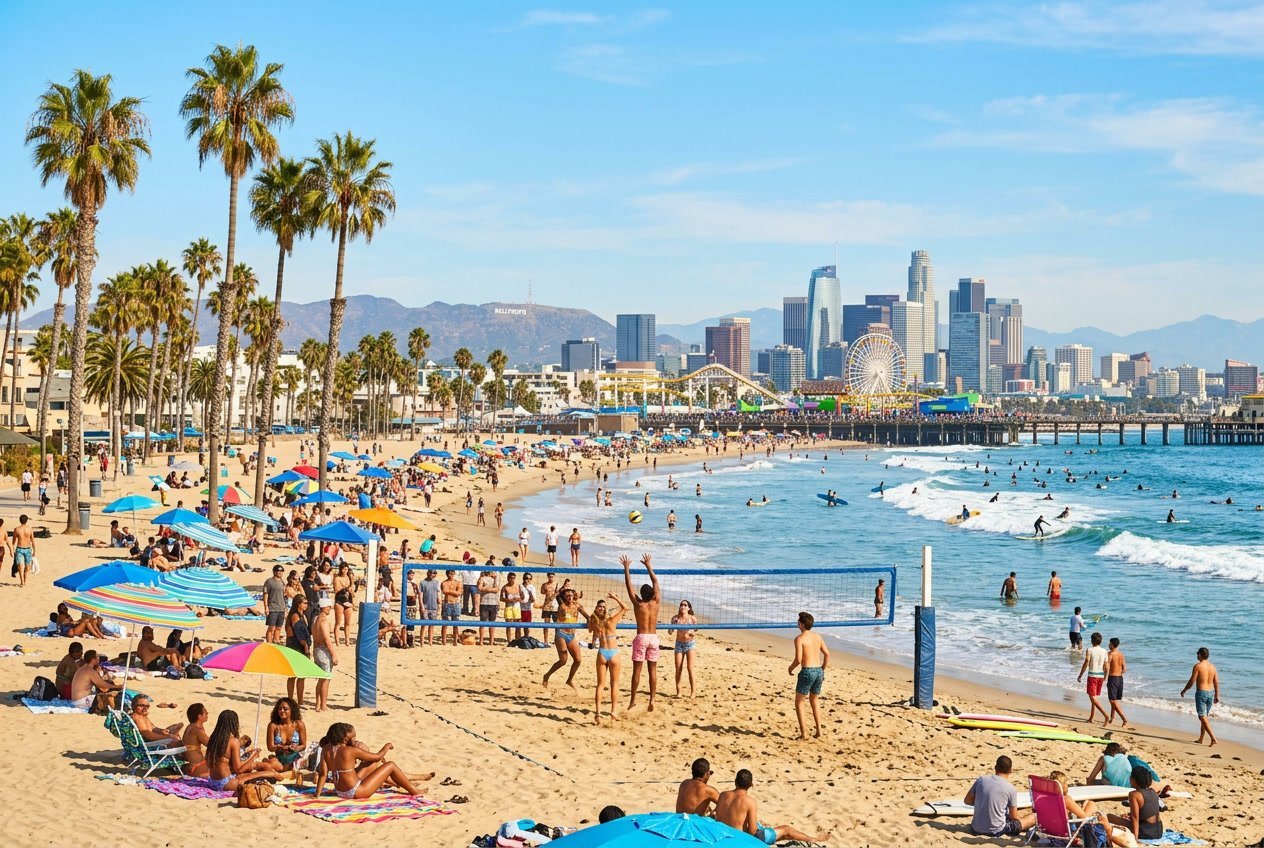People enjoying a sunny day at a Los Angeles beach with palm trees and the city skyline in the background.