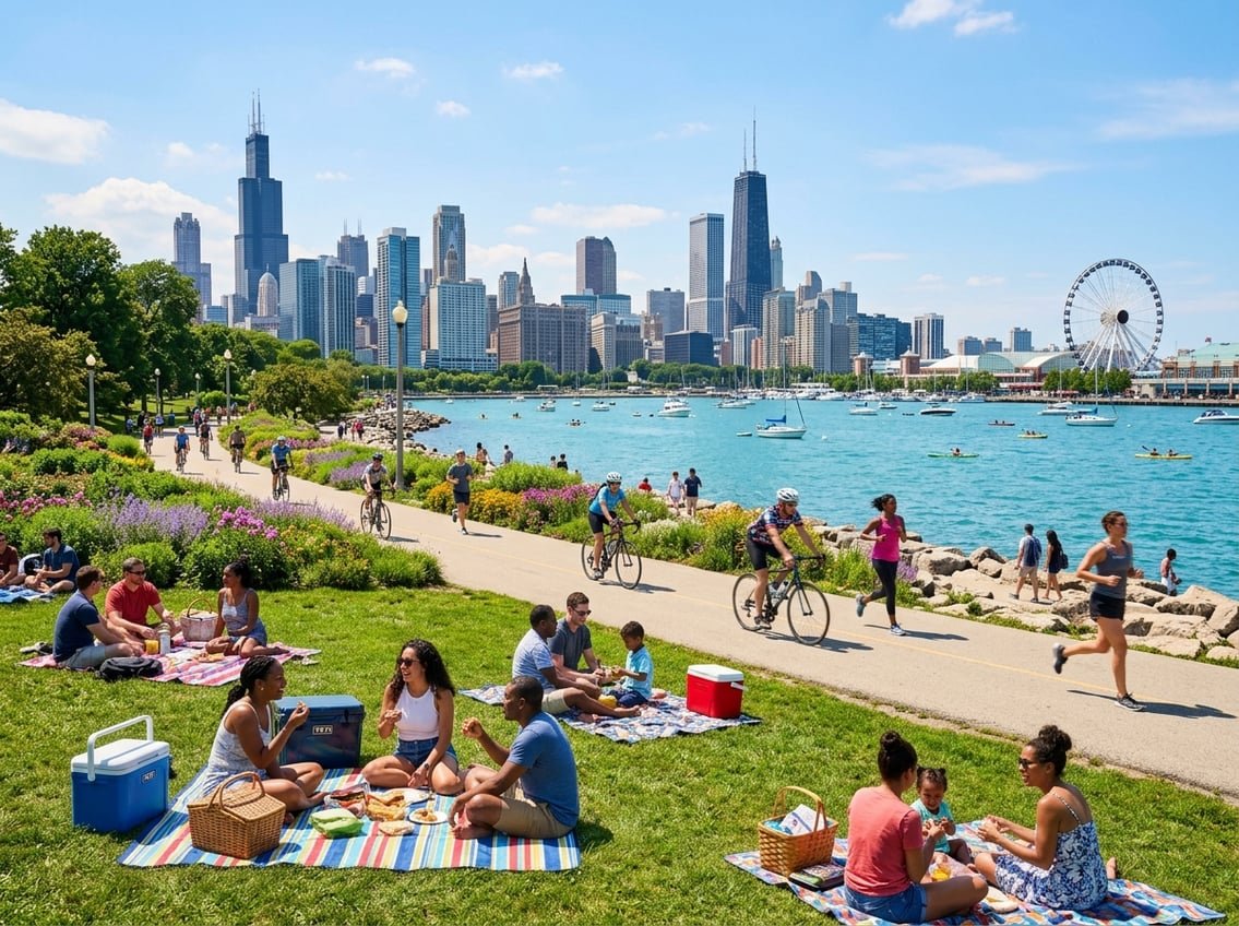 People enjoying a sunny summer day by Lake Michigan with the Chicago skyline in the background, featuring picnickers, cyclists, sailboats, and a Ferris wheel.