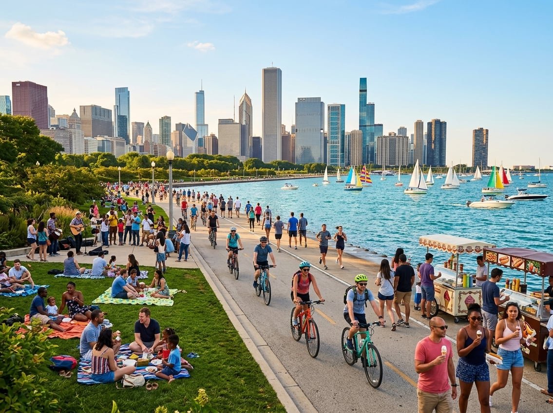 People enjoying summer activities along Chicago's lakefront with the city skyline in the background.