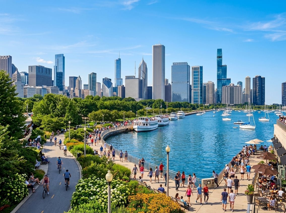 People enjoying a sunny summer day by the lakefront and Riverwalk with Chicago's downtown skyline in the background.