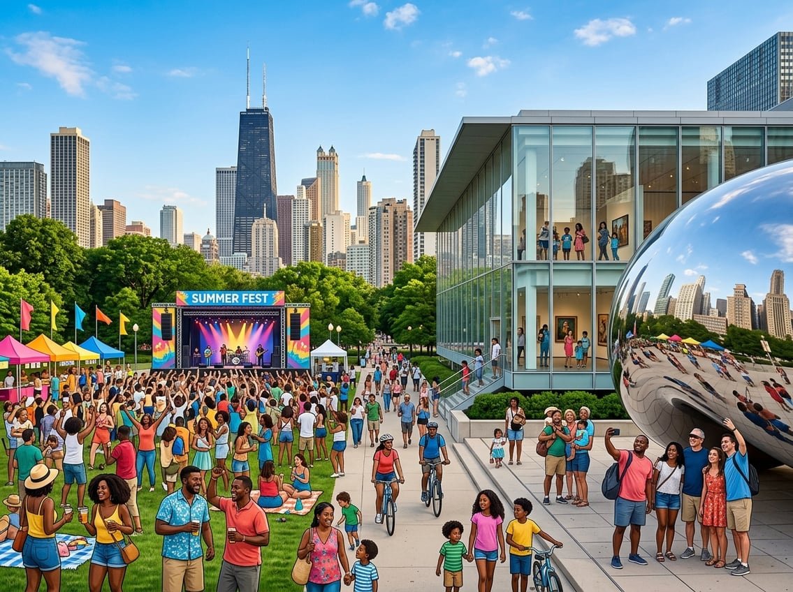 People enjoying a summer festival, visiting a museum, and admiring the Cloud Gate sculpture in Chicago with the city skyline in the background.