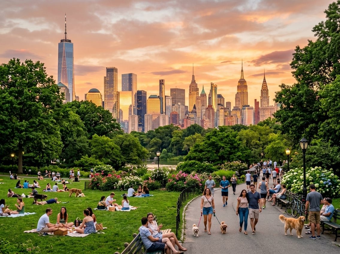 Sunset view of New York City skyline with people enjoying a park in the foreground.