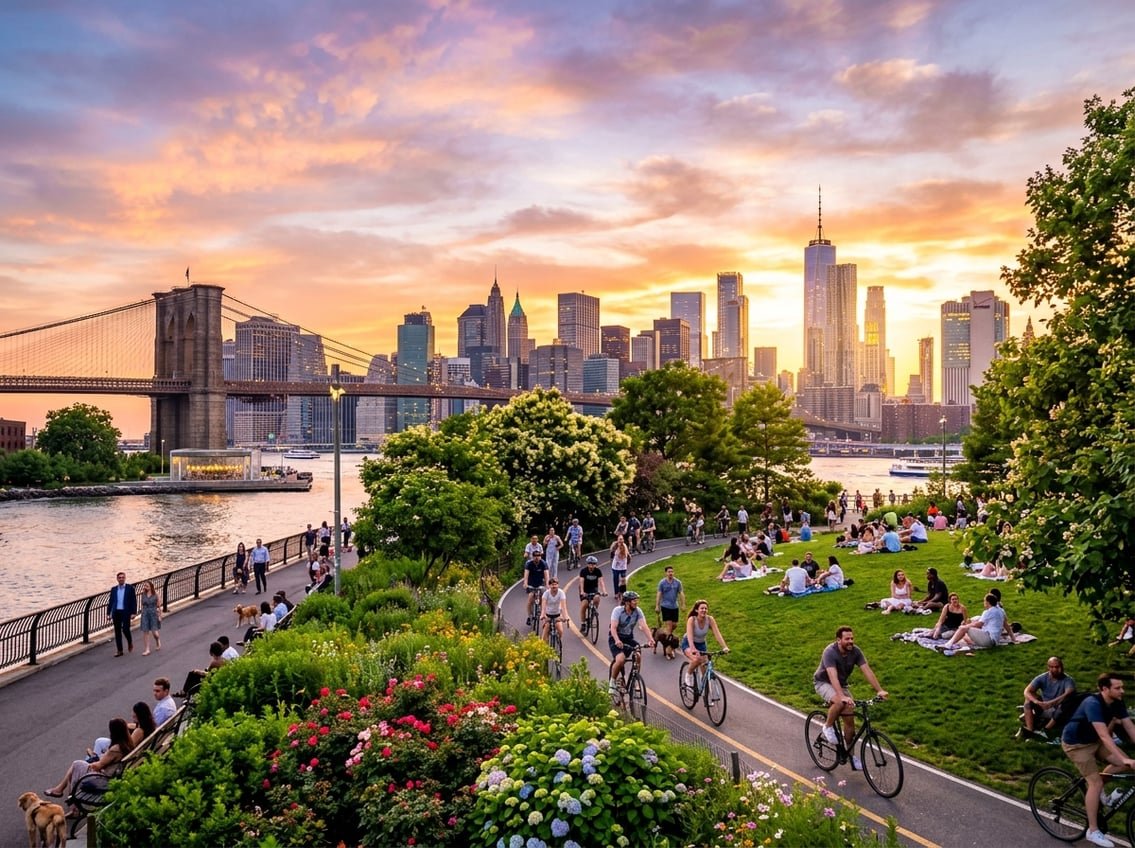 People enjoying a summer sunset with New York City skyline in the background, featuring buildings and a colorful sky.