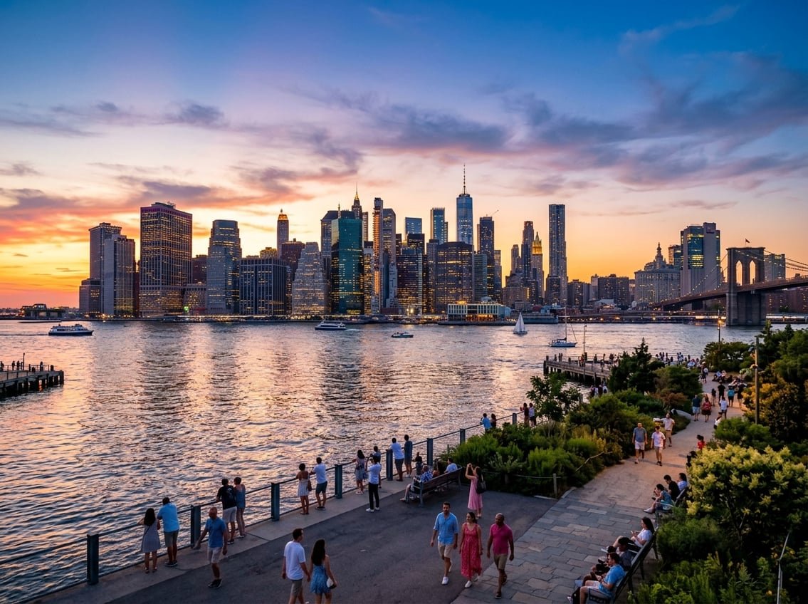 Panoramic view of New York City skyline at sunrise and sunset with people enjoying a waterfront park.