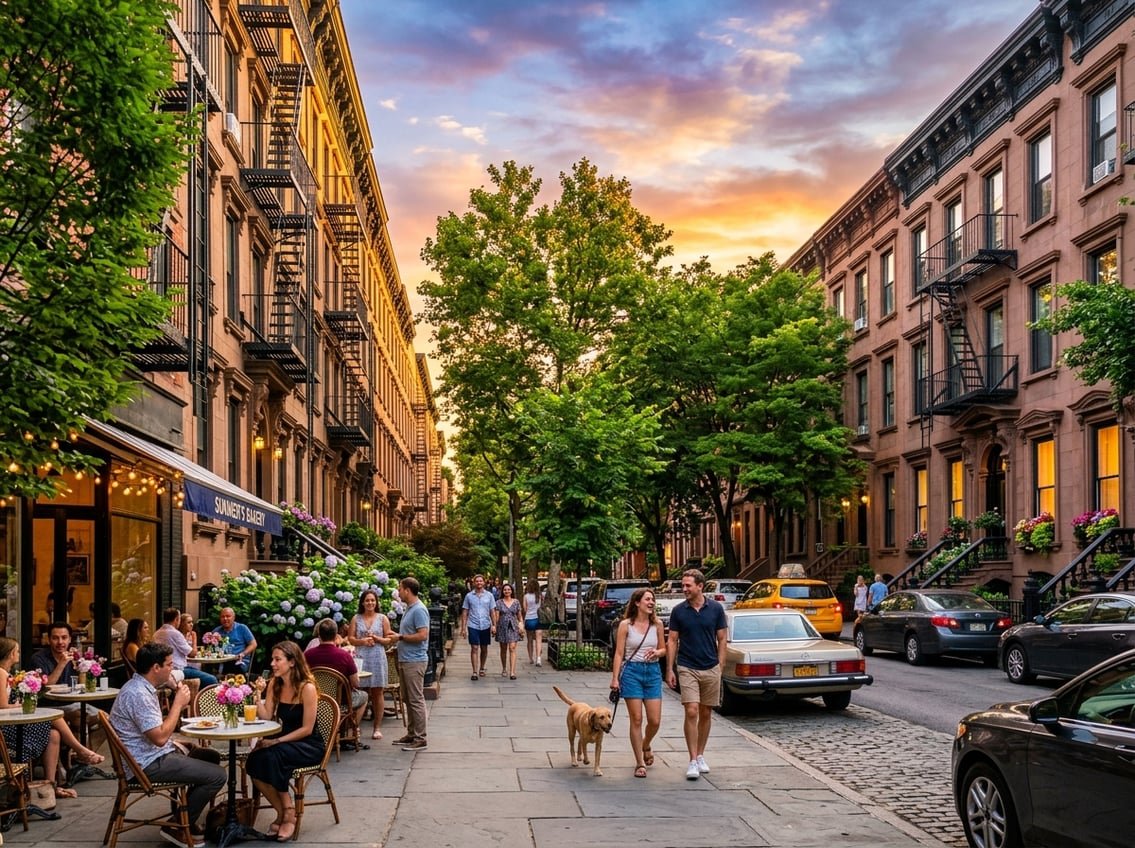 A New York City street with brownstone buildings, trees, and people enjoying a summer sunset.