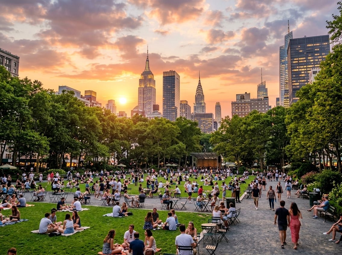 Sunset view of New York City skyline with people walking and relaxing in a park.