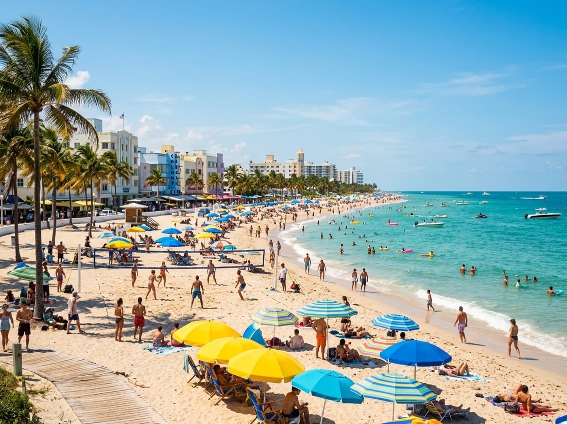 Sunny Miami beach with palm trees, people enjoying summer activities, and colorful buildings in the background.