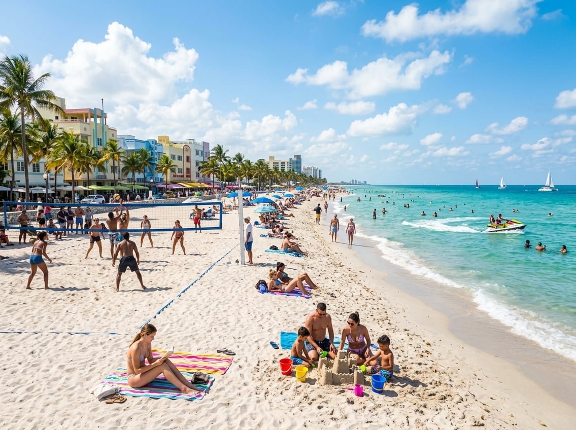 Sunny Miami beach with palm trees, people enjoying summer activities, and colorful Art Deco buildings in the background.
