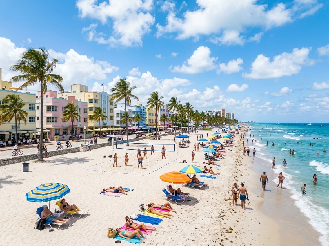 Sunny Miami beach with people enjoying summer activities, palm trees, and Art Deco buildings in the background.