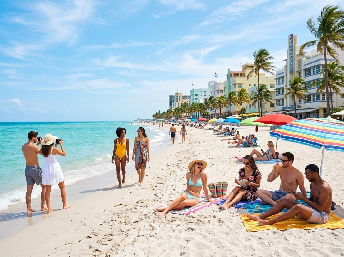 Sunny Miami beach with palm trees, turquoise water, people enjoying summer activities, and pastel-colored buildings in the background.