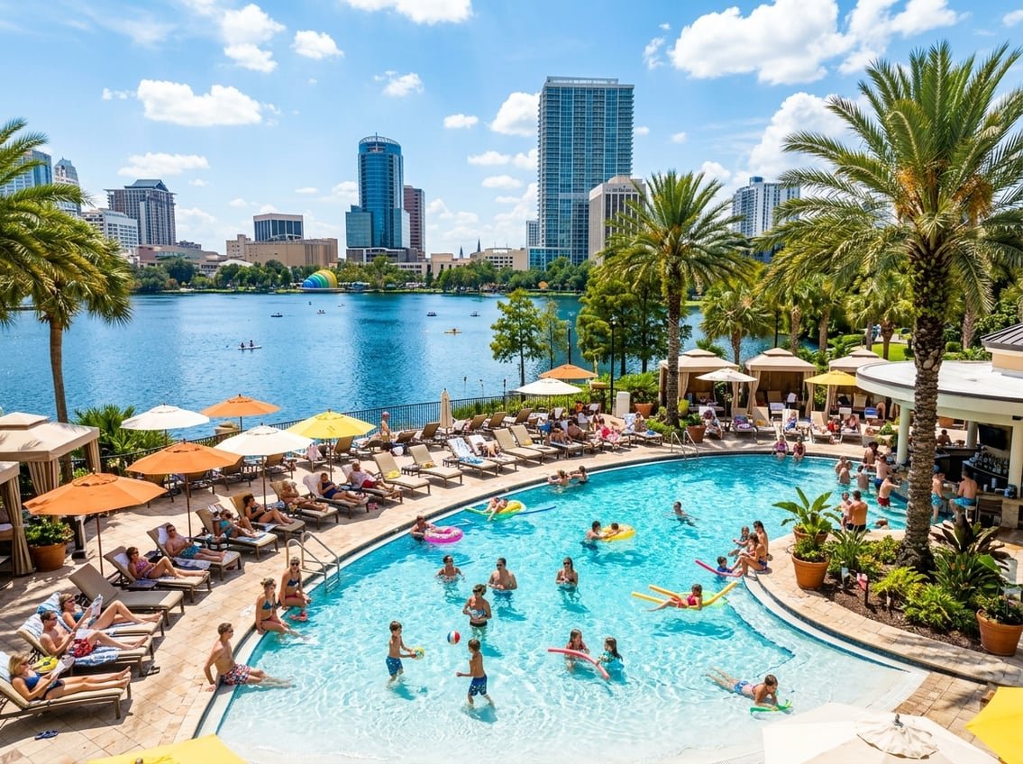 A sunny view of downtown Orlando with people relaxing at a resort pool, palm trees, and a distant sea under a clear blue sky.
