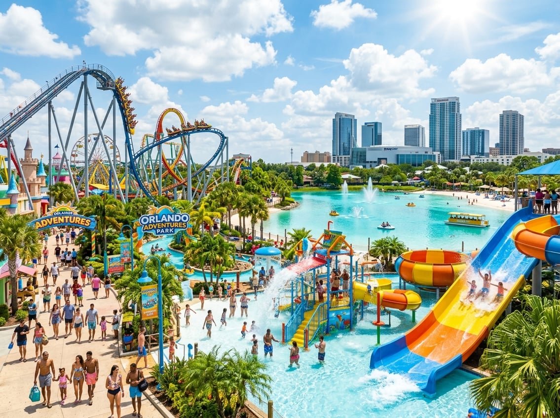 People enjoying rides and water attractions at a busy theme park with a city skyline and water in the background on a sunny day.
