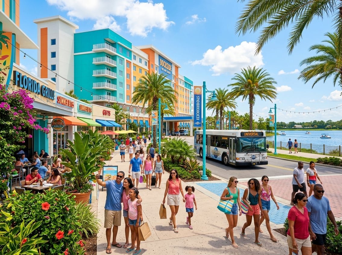 Sunny scene showing a modern resort near the sea with palm trees and people enjoying outdoor cafes in downtown Orlando.