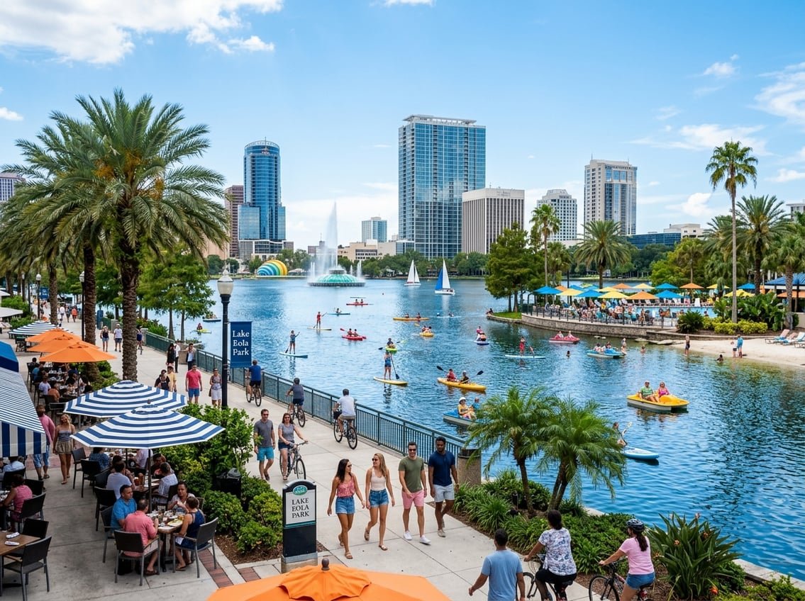 Sunny downtown Orlando with people enjoying outdoor cafes near a waterfront with boats and a summer resort in the background.