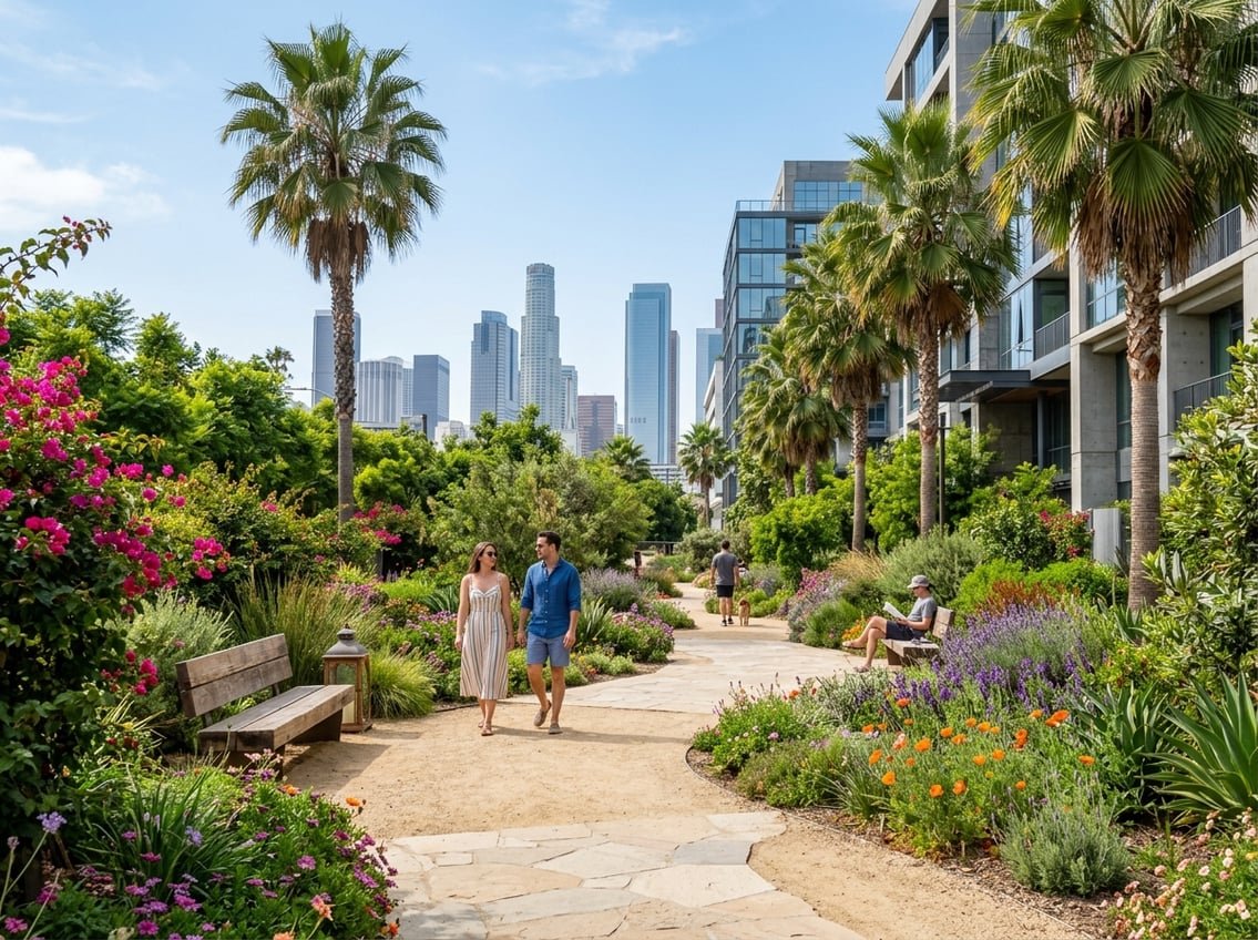 A peaceful urban park in Los Angeles with palm trees, walking paths, colorful plants, and the city skyline in the background on a sunny day.