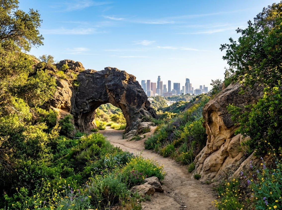 Scenic outdoor spot with rock formations, greenery, and a distant view of the Los Angeles skyline under a clear blue sky.