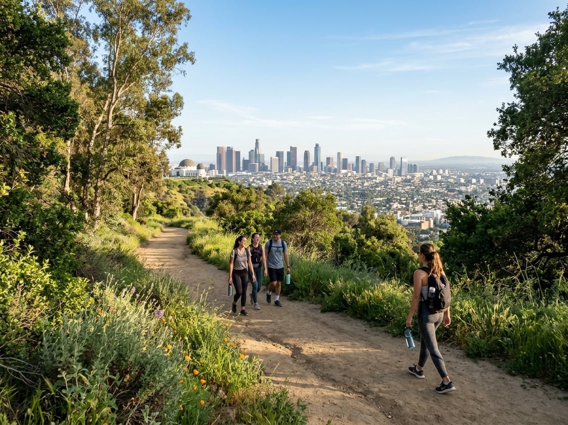 A green hiking trail surrounded by trees and wildflowers with the Los Angeles skyline visible in the distance under a clear sky.