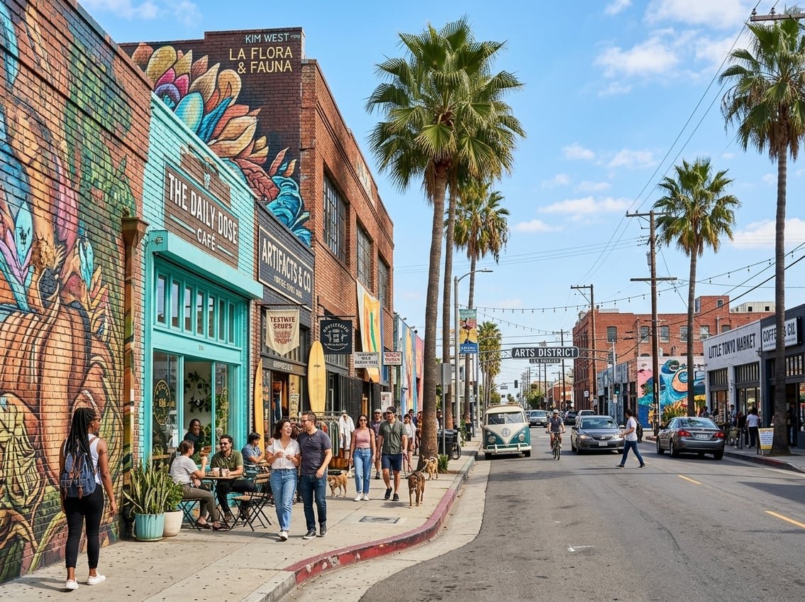 A lively Los Angeles street with colorful murals, local shops, palm trees, and people enjoying the neighborhood on a sunny day.