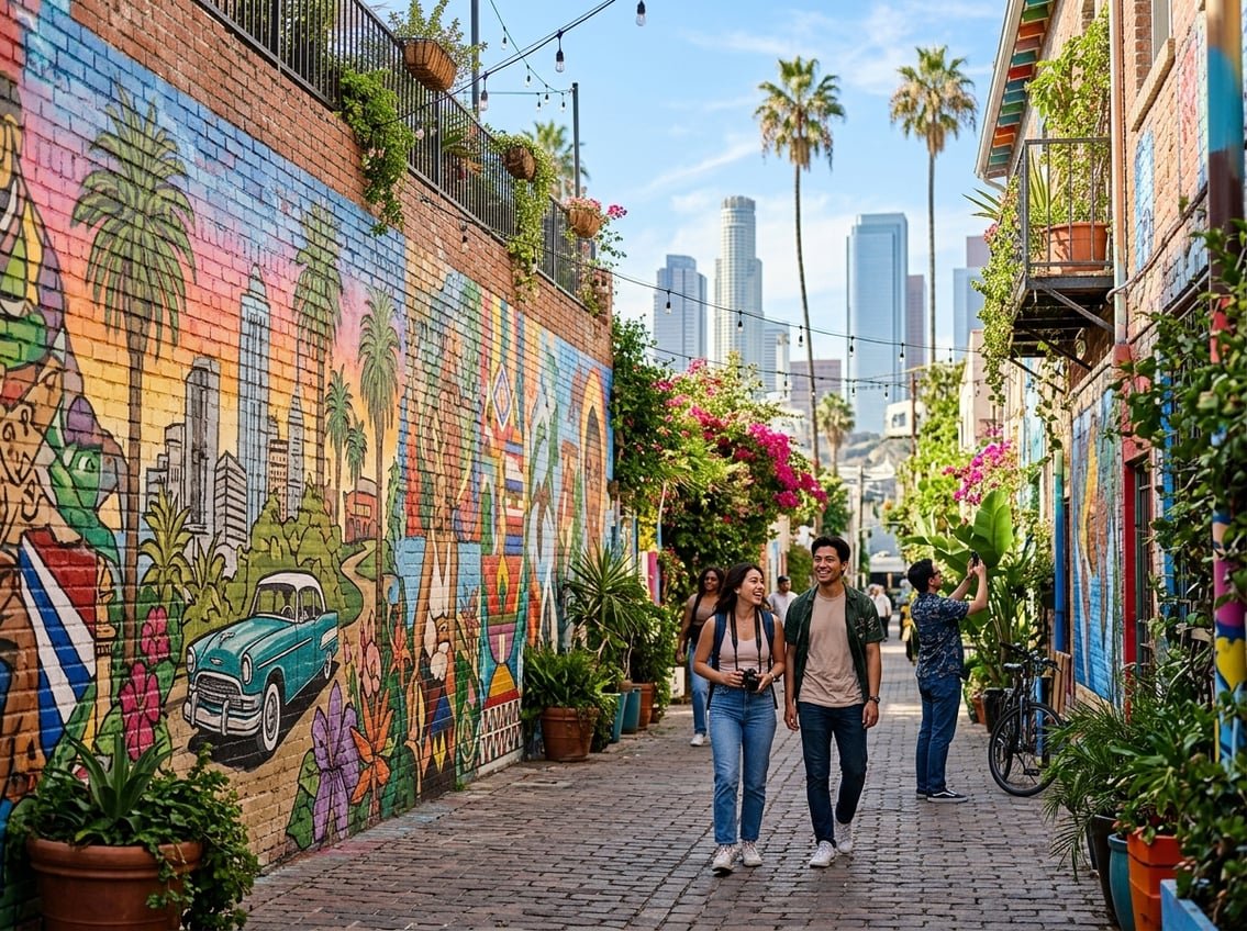 People exploring a colorful mural-covered urban area with palm trees and clear skies in Los Angeles.