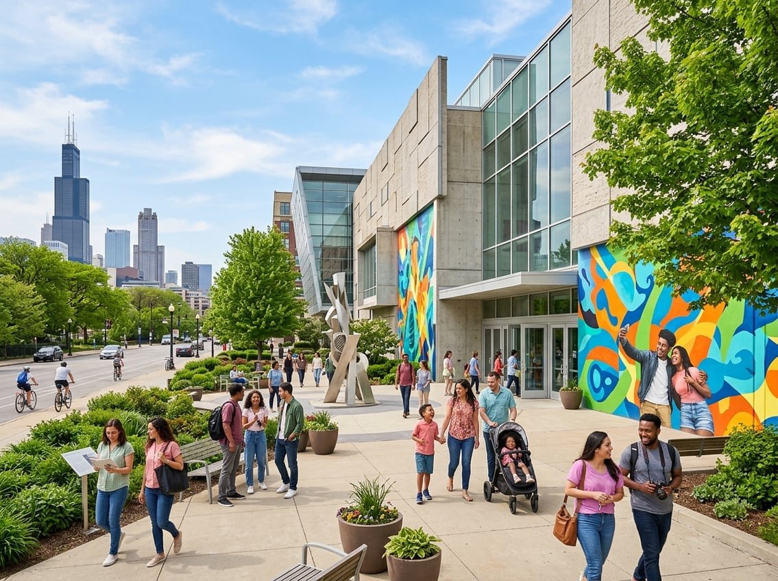 People enjoying a sunny day outside a colorful, modern museum in Chicago with trees and the city skyline in the background.