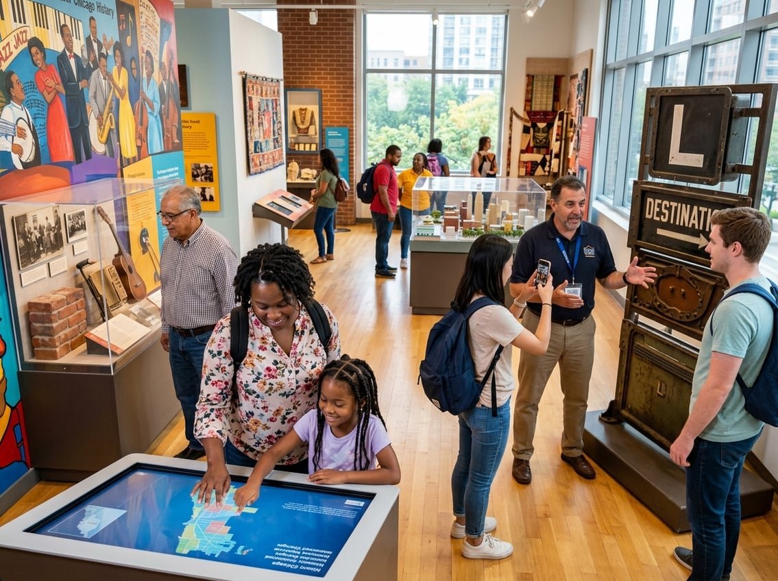 Visitors exploring engaging exhibits inside a bright, modern museum in Chicago.