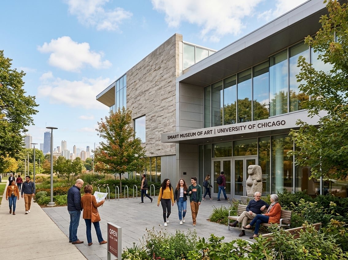 A modern museum building in Chicago with visitors outside on a clear day, surrounded by greenery and urban elements.