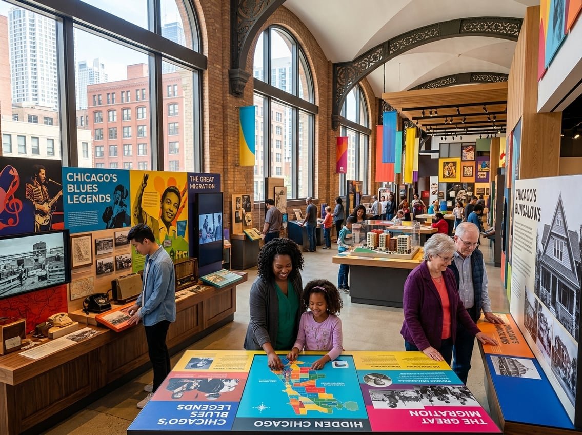 Visitors of different ages exploring exhibits inside a bright and modern Chicago museum.
