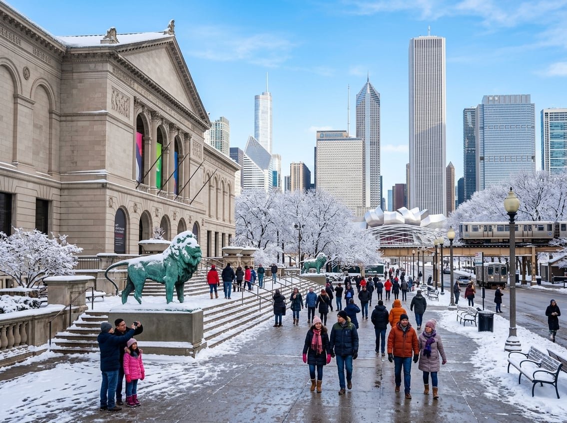 Visitors in winter clothing exploring a snowy Chicago street outside a large museum with iconic buildings in the background.