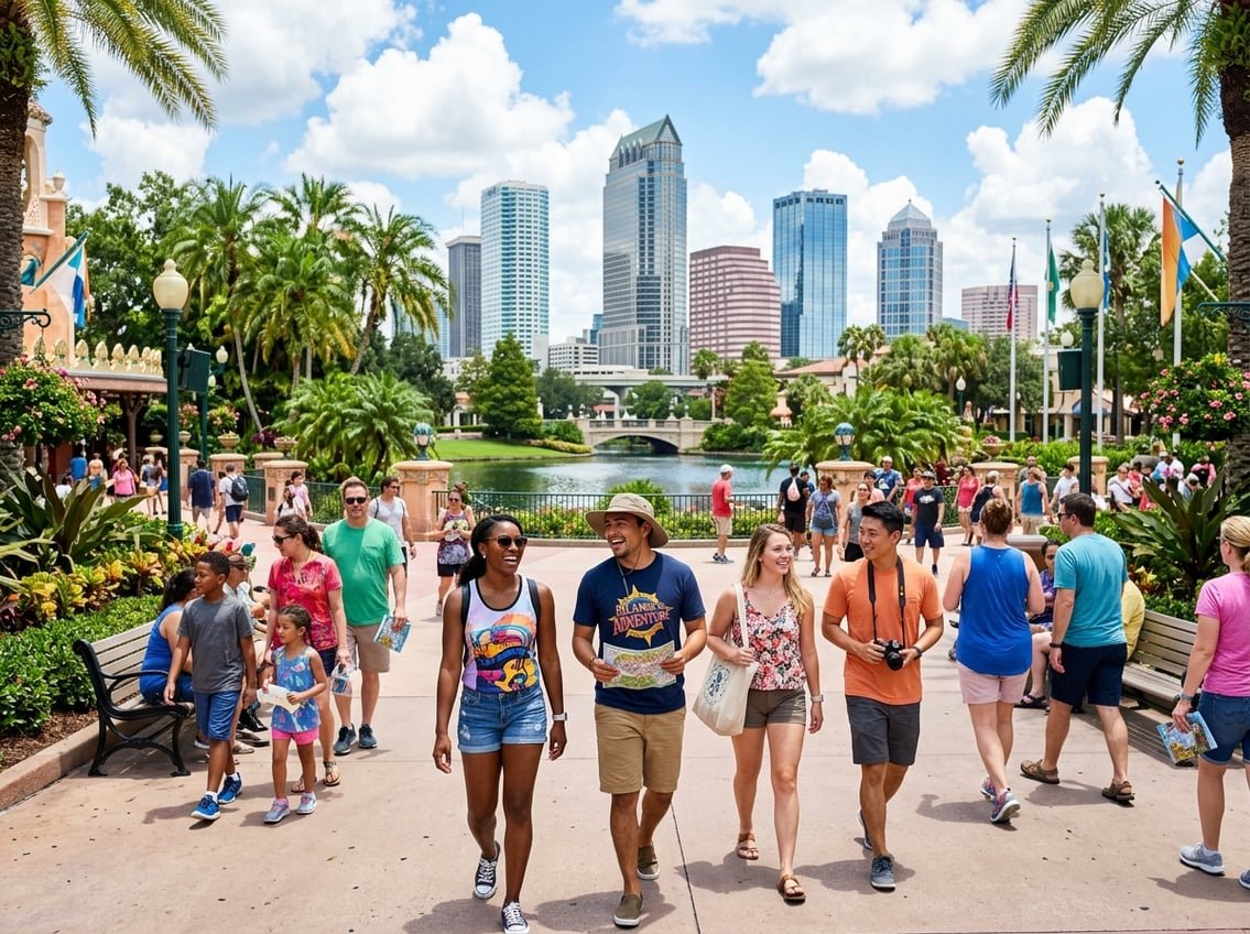 A group of people enjoying a sunny day at an Orlando theme park area with palm trees and modern buildings in the background.