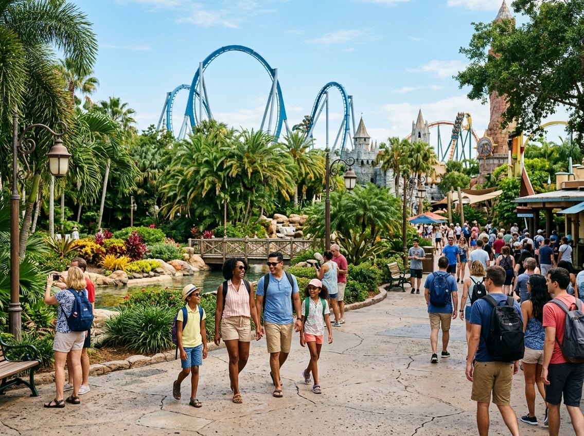 Visitors enjoying a sunny day at a vibrant Orlando theme park with water features, roller coasters, and lush tropical landscaping.