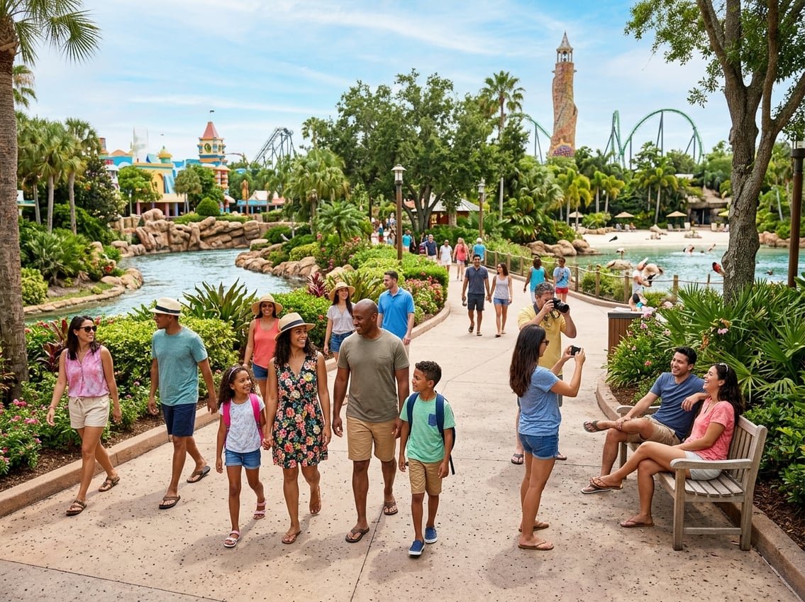 People enjoying a sunny day at a busy Orlando park with trees, water features, and theme park attractions in the background.