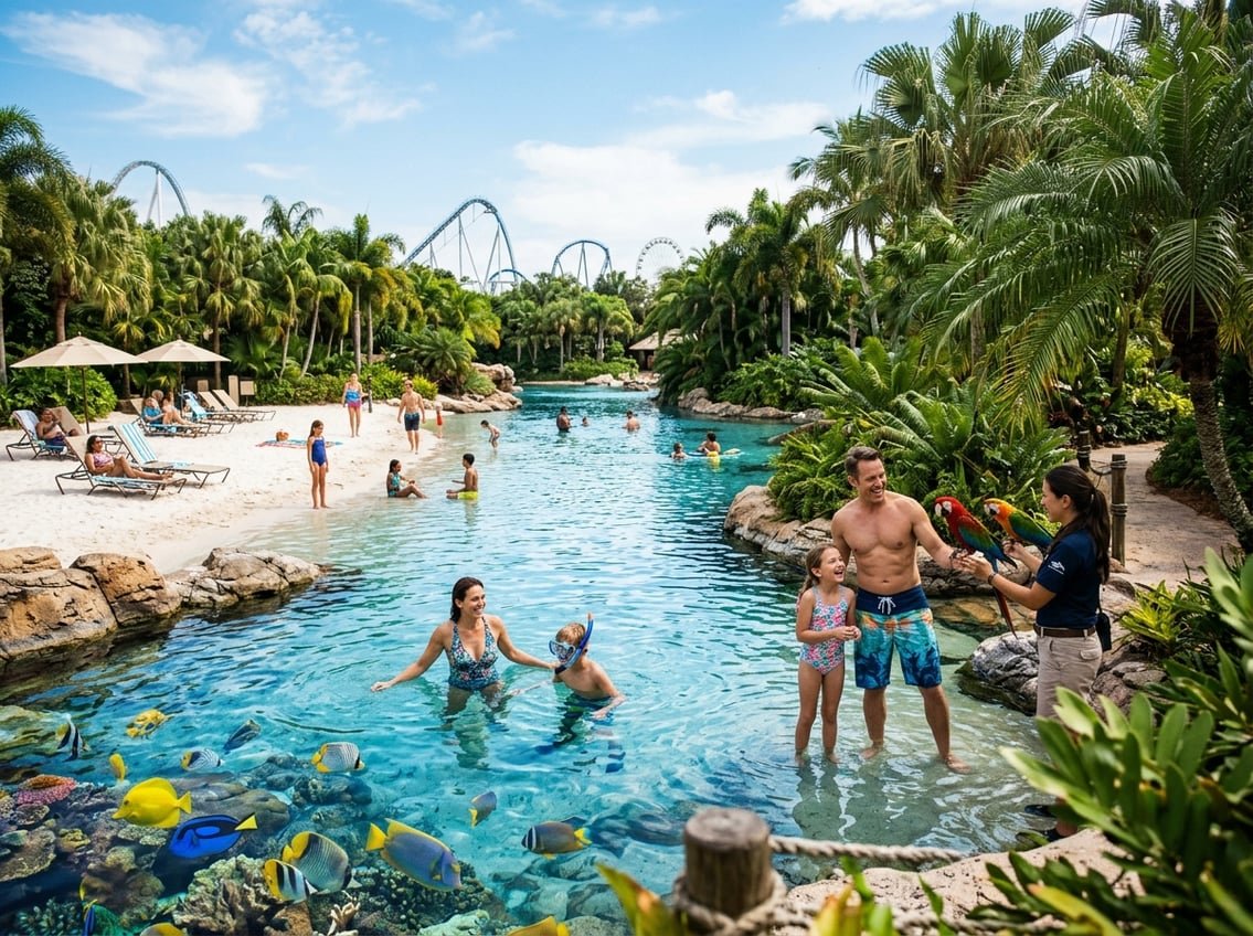 Family snorkeling and enjoying tropical birds at a sunny water park surrounded by palm trees and clear blue sky.