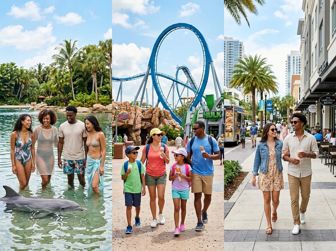 People enjoying outdoor activities in Orlando, including a tropical lagoon, theme park rides, and a lively city street with palm trees.