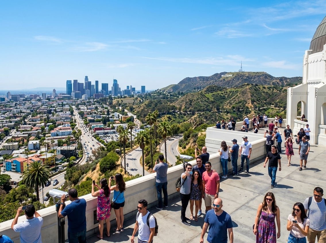 View of the Hollywood Sign on hills with people at Griffith Observatory overlooking the city of Los Angeles.