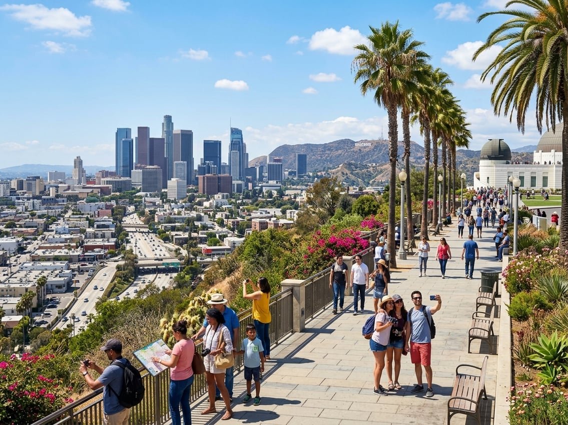 A sunny view of downtown Los Angeles with the Hollywood Sign in the background, palm trees, and people walking and enjoying the city.