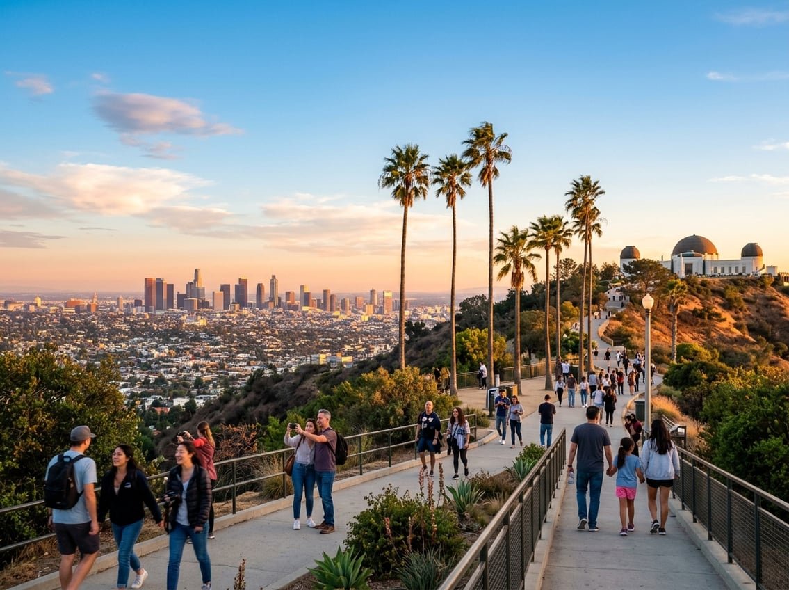 Panoramic view of Los Angeles skyline with Griffith Observatory, palm trees, and the Hollywood Sign during sunset, with people enjoying outdoor activities.