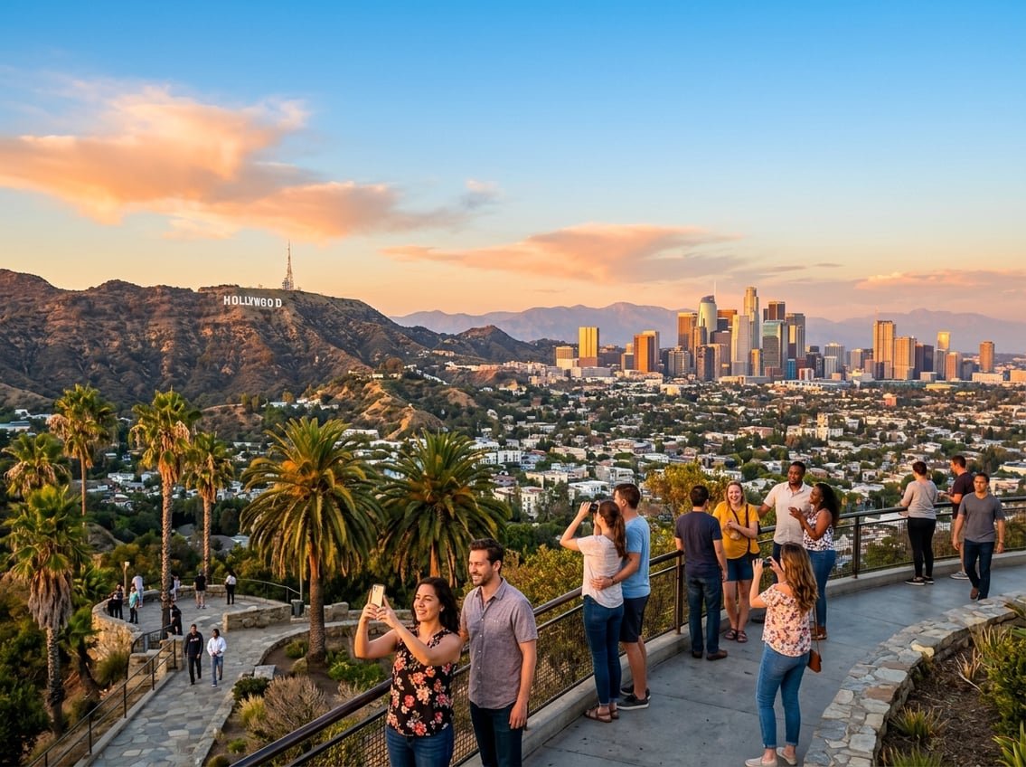 Panoramic view of Los Angeles skyline with the Hollywood Sign, palm trees, and tourists enjoying the scenic cityscape.