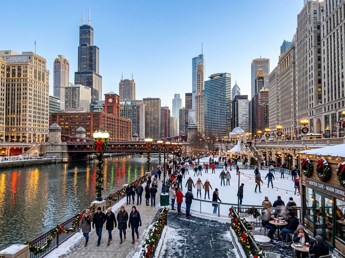 People enjoying outdoor winter activities near snowy Chicago buildings and a river decorated with holiday lights.