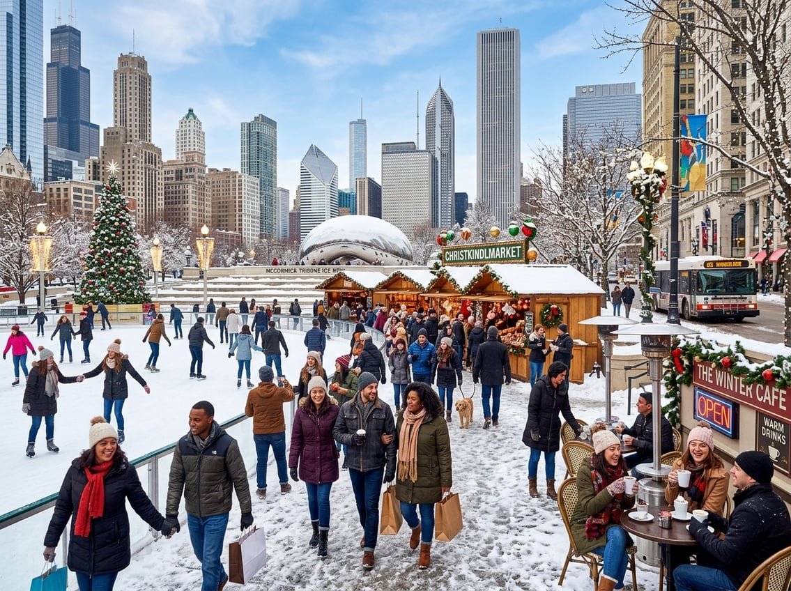People enjoying winter activities and holiday decorations in Chicago with snowy streets and iconic buildings in the background.