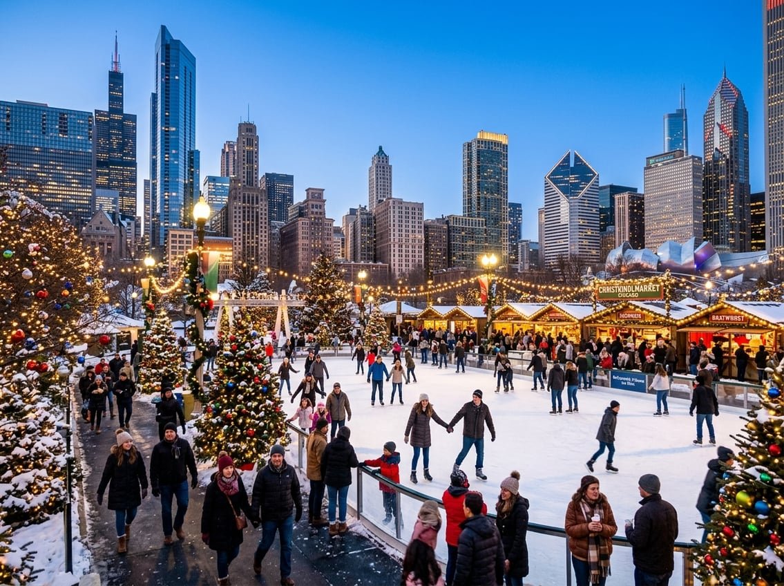 People enjoying holiday markets and ice skating in Chicago with the city skyline and festive decorations in winter.