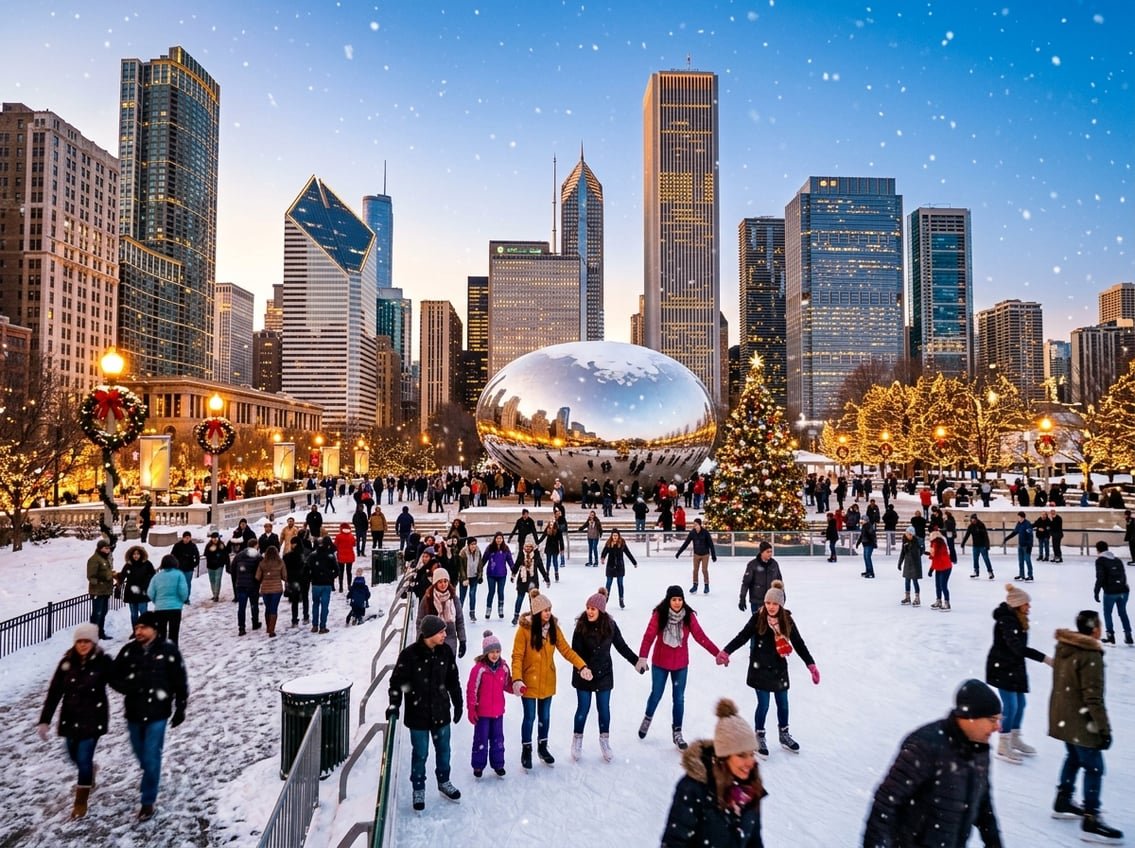 People enjoying a snowy winter day near the Cloud Gate sculpture in Chicago with holiday lights and the city skyline in the background.