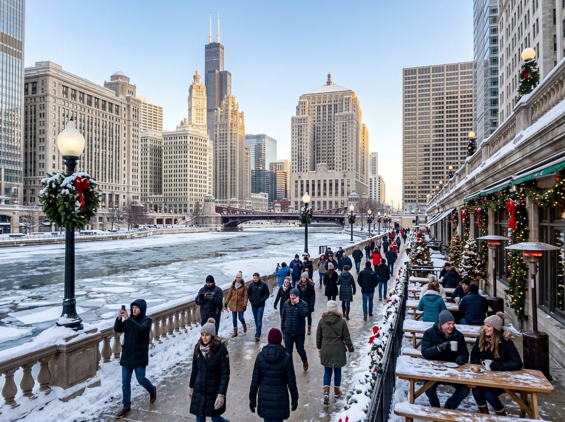 People enjoying a snowy winter day in Chicago with tall buildings and the riverwalk in the background.