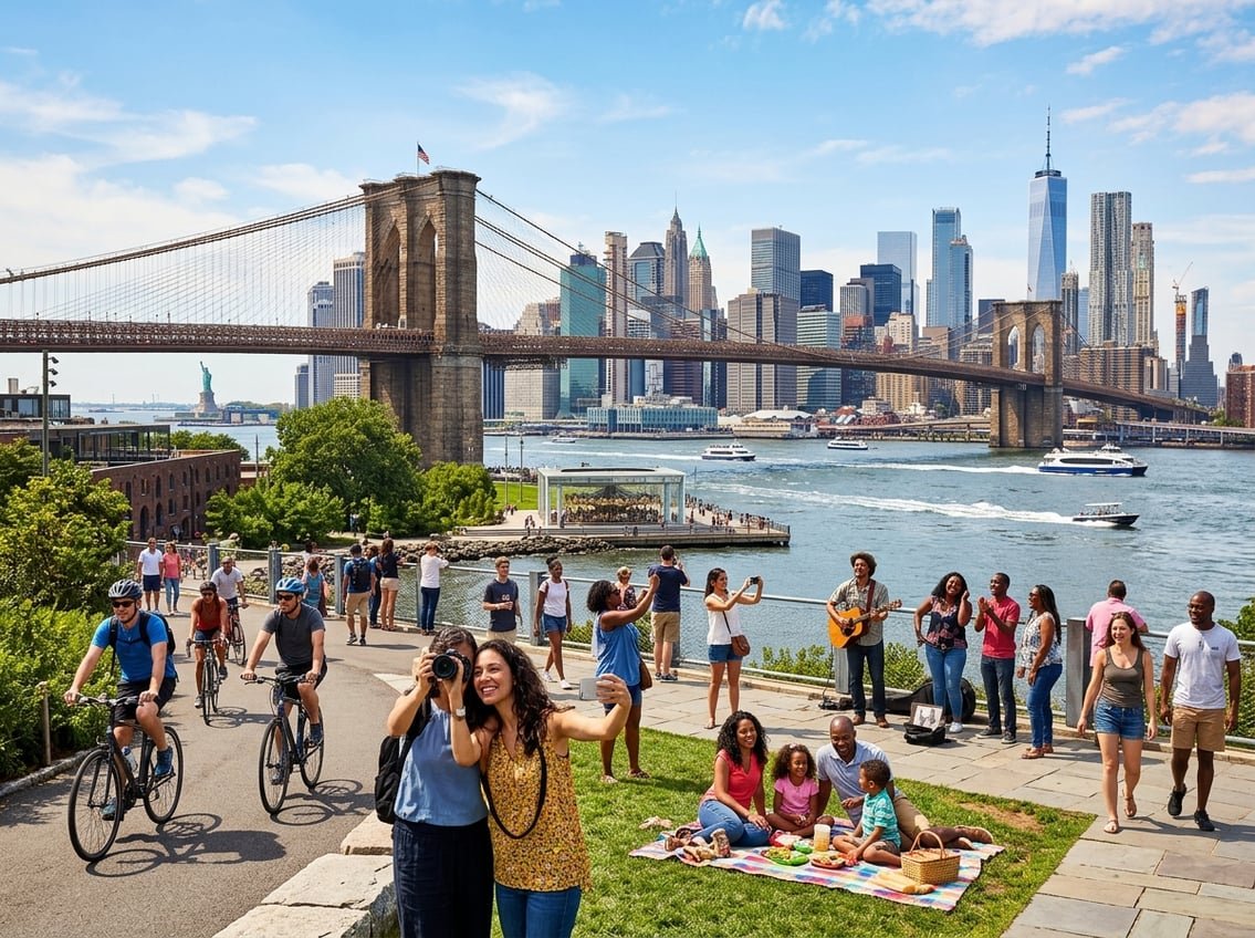 A busy New York City scene showing the skyline, Brooklyn Bridge, Statue of Liberty in the distance, and people enjoying outdoor activities in a park.